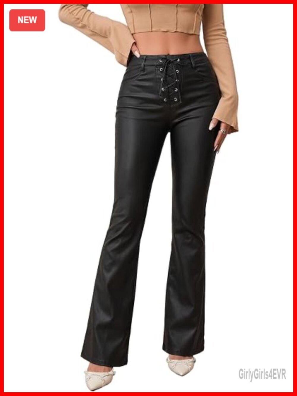 Faux Leather PU Mid Waist Skinny Drawstring Flare Leggings Pants